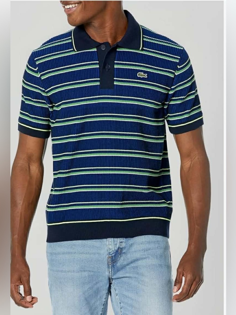 Lacoste Navy Polo with Green and White Stripes